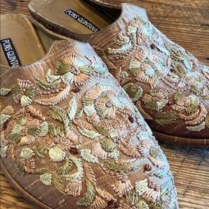 Pons Quintana Blush Pink & Sage Embroidered Slip-On Mules